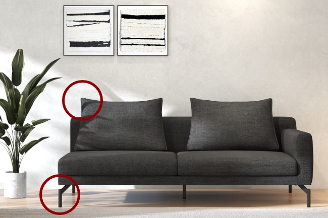 建築的な「ツノ感」を表現した背クッションとスチール脚